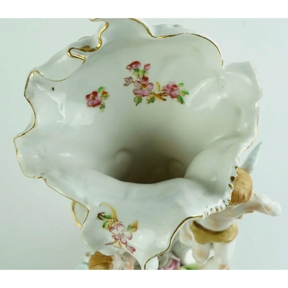 Vintage Porcelain Cherub Cornucopia Vase F-46 Rococo Floral Gold Trim 9in